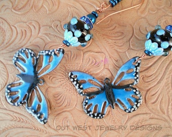 Statement Earrings Blue and Black Butterflies with Hand Torched Lampwork Beads - Hematite and Crystal - Boho Style Dangles