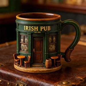 Puede incluir: Una taza de cerámica verde y marrón con forma de pub irlandés, con las palabras "IRISH PUB" en letras doradas. La taza tiene un asa y presenta una puerta, ventanas con vasos de cerveza, mesas, sillas y un barril.