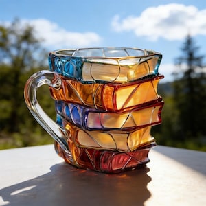 以下が含まれることがあります： 本が積み重なったような形のカラフルなガラスマグ。マグカップは透明なハンドル付きで、青、オレンジ、赤、紫の色合いのステンドグラスで作られています。マグカップは明るい色の表面に置かれています。