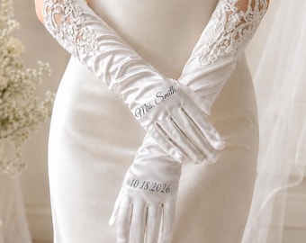 Personalized Bridal Gloves with Name & Date, Long Ivory Satin Lace Wedding Gloves, Custom Mrs Bride Gloves, Elegant Wedding Accessory