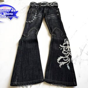 Y2K Embroidered Wide Leg Jeans | High Waist Harajuku Pants for Women | Retro Streetwear Denim | Rock Punk Loose Fit Trousers