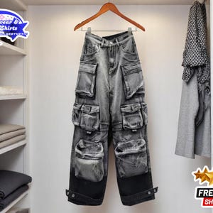 Grey Acid Wash Denim Cargo Pants | Unisex Punk Streetwear | Grunge Y2K Baggy Trousers | Gothic Jeans Fashion | Alternative Rock Outfit
