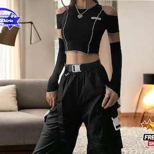 Patchwork Black Crop Top | Gothic One Shoulder Tee | Y2K Ruffle Hem Shirt | Women’s Grunge Long Sleeve | Hip Hop Techwear Outfit