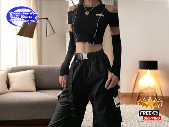 Patchwork Black Crop Top | Gothic One Shoulder Tee | Y2K