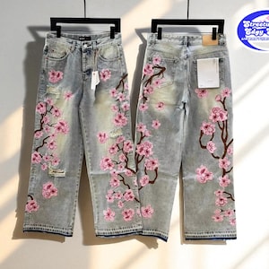 Cherry Blossom Embroidered Jeans | Low-Rise Wide-Leg Denim | Unisex Floral Everyday Streetwear Pants | Y2K Retro Baggy Trousers