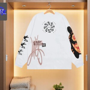 Graphic Long Sleeve Shirt | Oversized Tee with Abstract Print | Artistic Symbols & Patterned Sleeves | Y2K Streetwear Cotton Top
