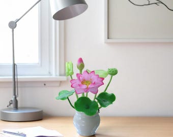 Desk mini Lotus clay flower, handmade fake potted flowers choose realistic artificial floral decor small home decoration mother grandma gift