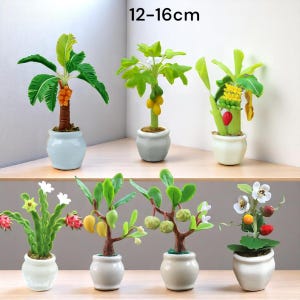 May include: A selection of miniature potted plants, each featuring different fruits and foliage. The plants, measuring 12 to 16 cm in height, include palm trees, banana trees, and other tropical varieties, all in small ceramic pots.