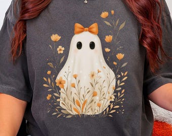 Boho Floral Ghost Tee, Comfort Colors Coquette Ghost Shirt with Bows & Flowers, Feminine Halloween Aesthetic