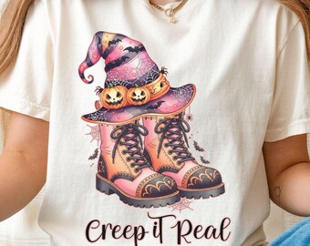 Creep It Real Witch Hat Comfort Colors Tee, Pastel Goth Halloween Shirt, WitchTok Pink Halloween, Witchy Halloween Graphic T‑Shirt