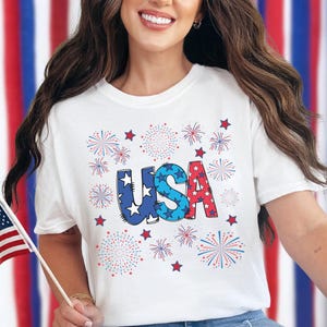 USA Fireworks Comfort Colors T-Shirt, 4th of July Patriotic Graphic Tee,  Independence Day Shirt,  Red White and Blue Summer Shirt