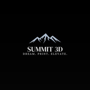 May include: A logo for a company called Summit 3D. The logo features a stylized mountain range in blue and white, with the text "Summit 3D" below it. The tagline "Dream. Print. Elevate." is below the company name.