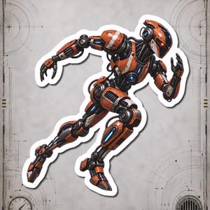 May include: A sticker featuring a running robot with orange and black metallic plating, exposed mechanical joints, and glowing red eyes. The robot is depicted in a dynamic motion pose with visible wires and intricate technical details on its armour.