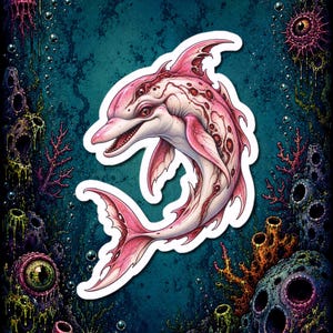 May include: A sticker featuring a pink dolphin with multiple eyes and textured skin, set against a dark blue underwater scene with coral, sponges, and a starfish. The dolphin has a curved body, sharp fins, and a detailed, organic appearance.