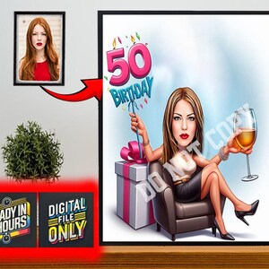 Gepersonaliseerde 50e cartoonportret, karikatuur 50e verjaardag, karikatuur verjaardag, aangepaste verjaardagscadeau, grappig cadeau, digitale verjaardagskaart