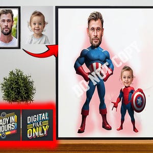 Benutzerdefinierte Super Dad und Sohn Cartoon Portrait, Super Dad Portrait, Papas Geschenk, Super Dad Karikatur, Superhelden-Karikatur, Karikatur vom Foto
