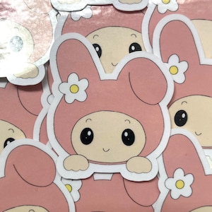 Sticker konijn geïnspireerd op melodie – kawaiiroze vinylsticker voor tijdschriften, waterflessen en laptops