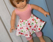 18 Inch Doll Clothes Two Piece Exercise Outfit Red and White Pin Stripe One Piece Leotard and Cherry Print Circular Skirt by SEWSWEETDAISY