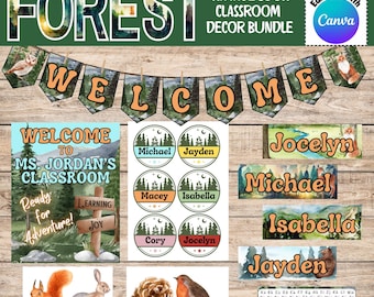 Forest Classroom Decor Bundle/ Welcome Back Bulletin Board/ Editable in Canva/ Vintage Look