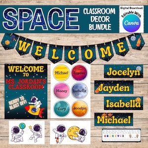 May include: A space-themed classroom decor bundle featuring a banner reading "WELCOME", name tags, and posters. The words "SPACE" and "CLASSROOM DECOR BUNDLE" are at the top. The image also includes the text "WELCOME TO MS. JORDAN'S CLASSROOM".