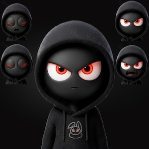 May include: A black cartoon character with a hoodie and red eyes, displaying various angry expressions. The character has a minimalist design with a bunny logo on the hoodie. The background is dark.