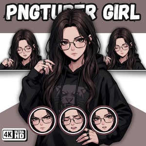 Può includere: Illustrazione digitale di una ragazza con lunghi capelli scuri, occhiali e una felpa con cappuccio nera. L'immagine include il testo "PNGTUBER GIRL" e tre immagini circolari più piccole che mostrano diverse espressioni facciali. Un logo "4K ULTRA HD" è presente.