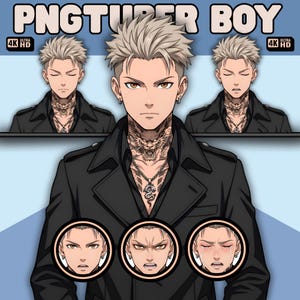 May include: A digital character illustration titled PNGTUBER BOY featuring a central figure with spiky light hair, amber eyes, and a dragon neck tattoo. The character wears a black collared jacket and a silver dragon pendant, with five varied facial expressions.