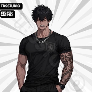 May include: An anime-style illustration of a person with short black hair and tears on their face, wearing a black t-shirt with a small crest, a silver chain necklace, and a black watch. The left arm features a detailed mechanical gear tattoo.