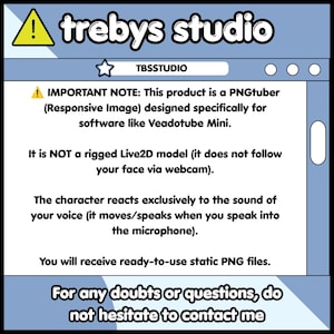 May include: A digital information graphic with a light blue border featuring the text trebys studio and TBSSTUDIO. It explains that the product is a PNGtuber responsive image for software like Veadotube Mini, consisting of static PNG files.