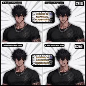 May include: A digital character sheet featuring four panels of a male figure with black hair and glowing amber eyes. The character wears a black t-shirt and a silver chain necklace. Text labels include Section (2) Emotional Expressions and Includes 4 Emotional Expressions.
