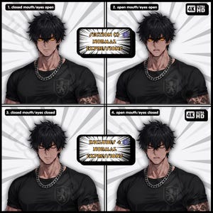 May include: A character sheet featuring four panels of a dark-haired individual with glowing amber eyes, wearing a black t-shirt and a silver chain necklace. The text reads SECTION II NORMAL EXPRESSIONS and INCLUDES 4 NORMAL EXPRESSIONS.
