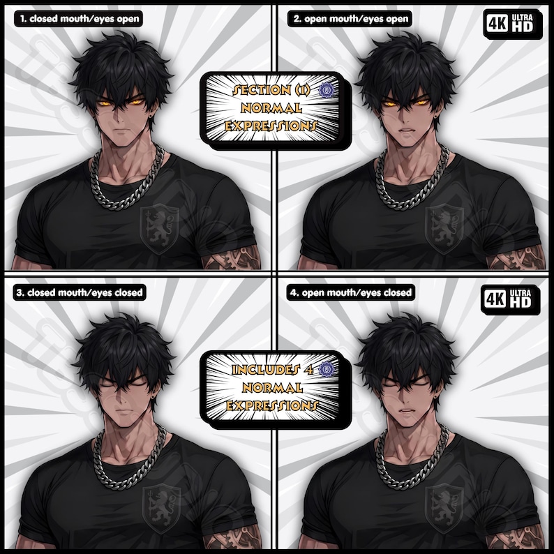 May include: A character sheet featuring four panels of a dark-haired individual with glowing amber eyes, wearing a black t-shirt and a silver chain necklace. The text reads SECTION II NORMAL EXPRESSIONS and INCLUDES 4 NORMAL EXPRESSIONS.