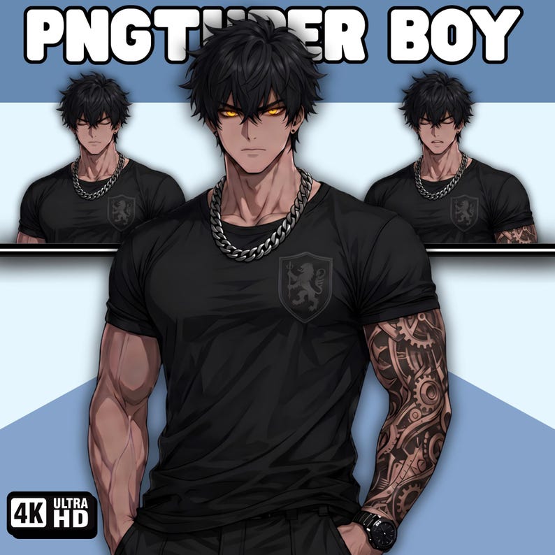 May include: An anime-style character illustration titled PNGTUBER BOY featuring a muscular figure with black hair, glowing amber eyes, and a black t-shirt with a lion crest. The character wears a silver chain necklace and has a mechanical gear tattoo.