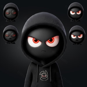 May include: A black cartoon character wearing a black hoodie with a white bunny logo. The character has red eyes and an angry expression. Several smaller versions of the character with different expressions are also shown.