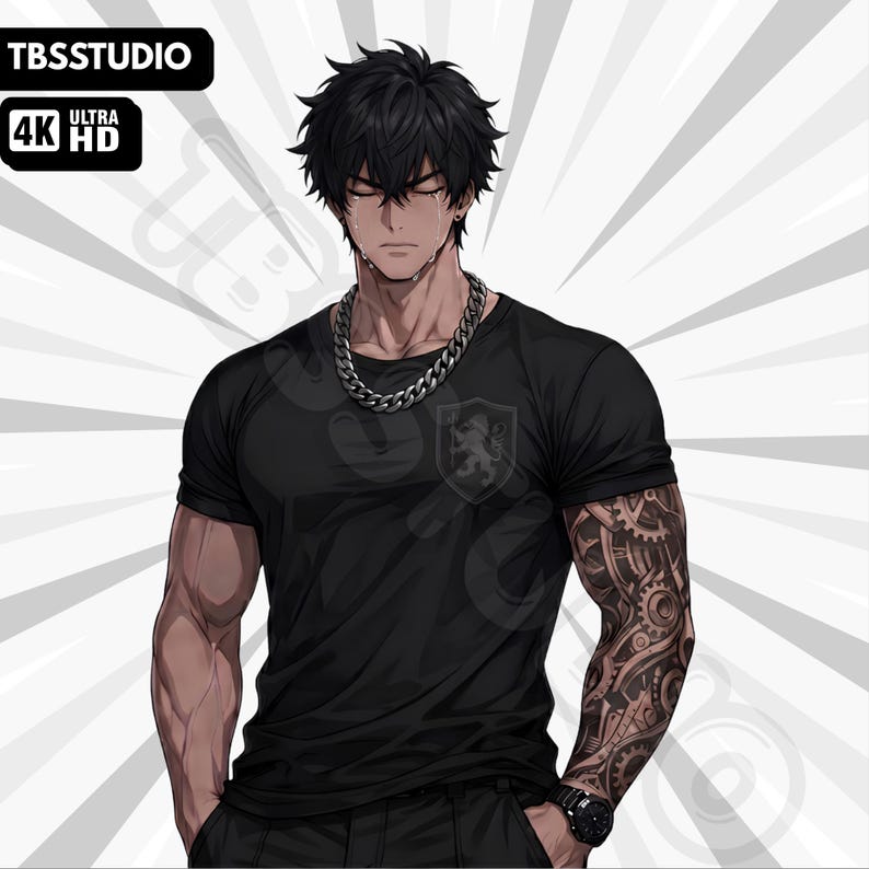 May include: An anime-style illustration of a person with short black hair and tears on their face, wearing a black t-shirt with a small crest, a thick silver chain necklace, and a black wristwatch. The left arm features a detailed mechanical gear tattoo.