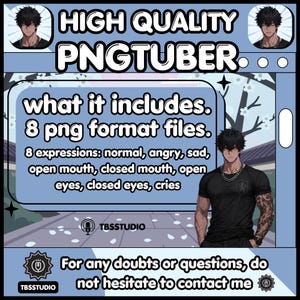 May include: A digital character asset set titled HIGH QUALITY PNGTUBER featuring a male figure with black hair, a black t-shirt, and arm tattoos. It includes 8 PNG files with expressions: normal, angry, sad, open mouth, closed mouth, open eyes, closed eyes, and cries.