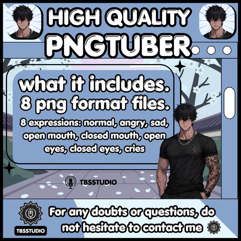 May include: A digital character asset set titled HIGH QUALITY PNGTUBER featuring a male figure with black hair, a black t-shirt, and arm tattoos. It includes 8 PNG files with expressions: normal, angry, sad, open mouth, closed mouth, open eyes, closed eyes, and cries.
