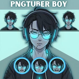 Pode incluir: Ilustração digital de uma pessoa jovem com cabelo escuro, óculos e fones de ouvido, com o texto "PNGTUBER BOY" no topo. O personagem tem um pirulito na boca e é cercado por imagens menores de diferentes expressões faciais.