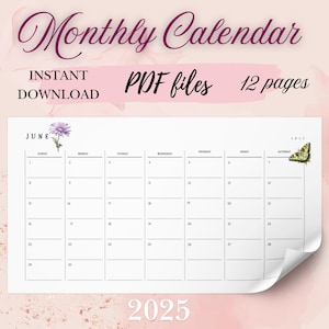 Calendrier 2025 PDF | Calendrier mural mensuel A3, A4, lettre | Illustrations thématiques du mois | Téléchargement instantané | Calendrier imprimable