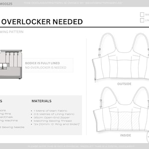 Puede incluir: Un patr&oacute;n de costura en PDF titulado "NO OVERLOCKER NEEDED" con un diagrama de un corpi&ntilde;o forrado. El patr&oacute;n incluye una lista de herramientas y materiales, como tijeras, tela y una cremallera de 35 cm. La imagen tambi&eacute;n muestra una ilustraci&oacute;n de una m&aacute;quina de coser.