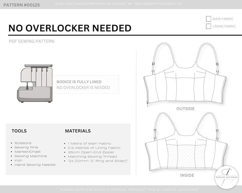 Puede incluir: Un patr&oacute;n de costura en PDF titulado "NO OVERLOCKER NEEDED" con un diagrama de un corpi&ntilde;o forrado. El patr&oacute;n incluye una lista de herramientas y materiales, como tijeras, tela y una cremallera de 35 cm. La imagen tambi&eacute;n muestra una ilustraci&oacute;n de una m&aacute;quina de coser.