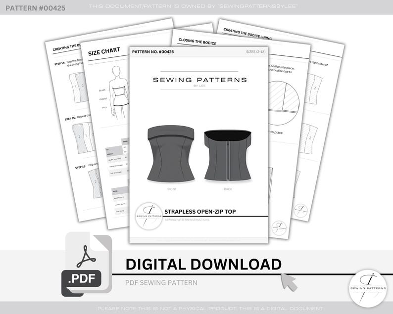 Strapless korset topje naaipatroon bustier lijfje met open ritssluiting op maat gemaakte dart digitale download afbeelding 8