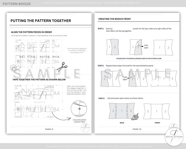 Puede incluir: Una doble p&aacute;gina de un folleto de instrucciones de patrones de costura. La p&aacute;gina izquierda detalla c&oacute;mo ensamblar las piezas del patr&oacute;n, mientras que la p&aacute;gina derecha ilustra la creaci&oacute;n de la parte delantera del corpi&ntilde;o. Los diagramas y el texto gu&iacute;an el proceso de costura. Las p&aacute;ginas son blancas con texto e ilustraciones en negro.