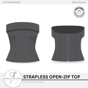 Modello di cucito per corsetto senza spalline, bustier, corpetto con cerniera aperta, pinces su misura, download digitale