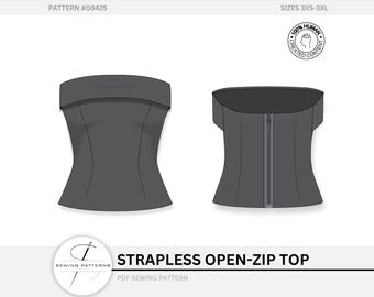 Strapless Corset Top Sewing Pattern Bustier Open-zip Bodice Tailored Dart Digital Download