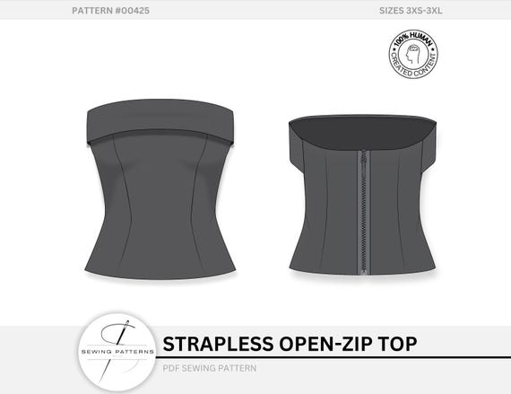 Strapless Corset Top Sewing Pattern Bustier Open-zip Bodice Tailored Dart Digital Download