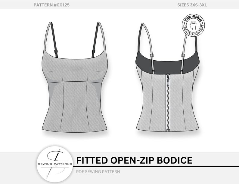 Puede incluir: Patr&oacute;n de costura de corpi&ntilde;o ajustado con cremallera, gris, con tirantes ajustables y cierre de cremallera. El patr&oacute;n incluye tallas 3XS-3XL. Se muestran las vistas delantera y trasera. El texto "FITTED OPEN-ZIP BODICE" y "PDF SEWING PATTERN" son visibles.