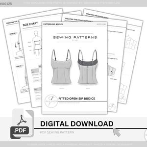 Puede incluir: Patr&oacute;n de costura PDF digital para un corpi&ntilde;o ajustado con cremallera. El dise&ntilde;o incluye vistas delantera y trasera, tabla de tallas e instrucciones. El patr&oacute;n est&aacute; etiquetado como "SEWING PATTERNS" e incluye el texto "DIGITAL DOWNLOAD".