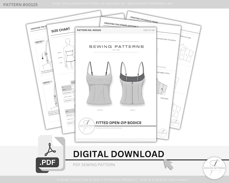 Puede incluir: Patr&oacute;n de costura PDF digital para un corpi&ntilde;o ajustado con cremallera. El dise&ntilde;o incluye vistas delantera y trasera, tabla de tallas e instrucciones. El patr&oacute;n est&aacute; etiquetado como "SEWING PATTERNS" e incluye el texto "DIGITAL DOWNLOAD".