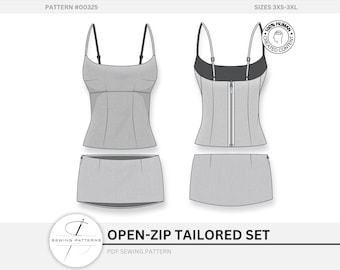 Corset Top + Mini Skirt Sewing Pattern Set Bustier Open-zip Bodice Tailored Dart Digital Download